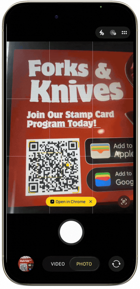 Animated phone walkthrough showing a customer enrolling in a stamp-card programme
